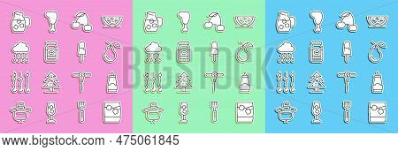Set Line Glass Of Whiskey With Ice, Sauce Bottle, Pear, Cherry, Jam Jar, Cloud Rain, Jug Glass Water