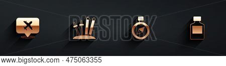 Set Speech Bubble With Airplane, Ski And Sticks, Compass And Whiskey Bottle Icon With Long Shadow. V