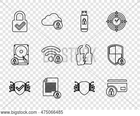 Set Line Cyber Security, Credit Card With Lock, Usb Flash Drive, Document And, Lock Check Mark, Wifi
