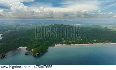 Aerial Drone Of Coast Of The Island With Tropical Vegetation And The Beach. Negros, Philippines.