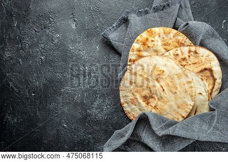 Fresh Pita Tortillas, Bread. Anner, Menu Recipe Place For Text, Top View.
