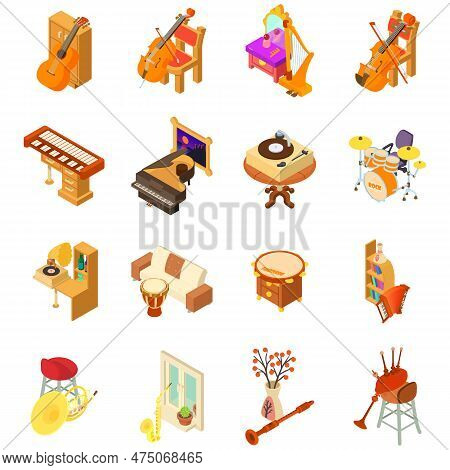 Music House Icons Set. Isometric Set Of 16 Music House Icons For Web Isolated On White Background