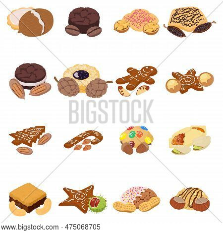 Nut Cookie Icons Set. Isometric Set Of 16 Nut Cookie Icons For Web Isolated On White Background