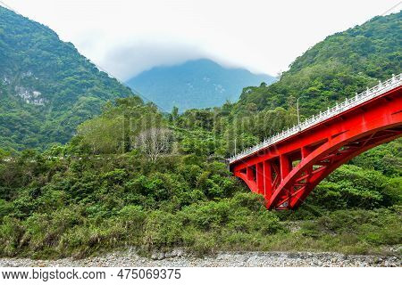 The Red Shakadang Bridge From Shakadang Trail In Taroko National Park, Xiulin Township, Hualien, Tai