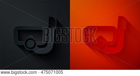 Paper Cut Diving Mask With Snorkel Icon Isolated On Black And Red Background. Extreme Sport. Diving 