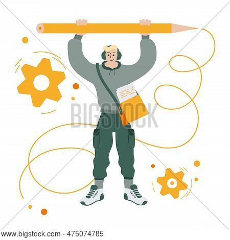 Young Man Or Student Witn Headphone And Big Pencil. Studing Vector Concept. Back To School Illustrat