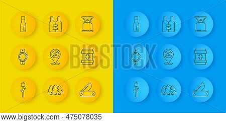 Set Line Marshmallow On Stick, Smartwatch, Compass, Swiss Army Knife, First Aid Kit, Bottle Of Water