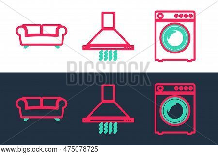 Set Line Washer, Sofa And Kitchen Extractor Fan Icon. Vector