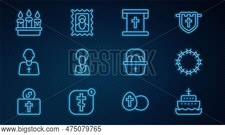 Set Line Ark Of Noah, Crown Thorns, Flag With Christian Cross, Jesus Christ, Priest, Burning Candle 