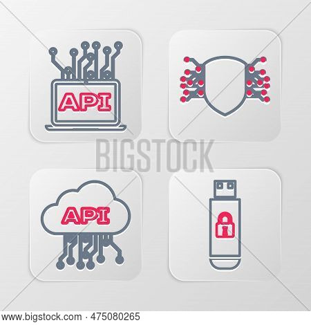 Set Line Usb Flash Drive With Lock, Cloud Api Interface, Cyber Security And Computer Icon. Vector