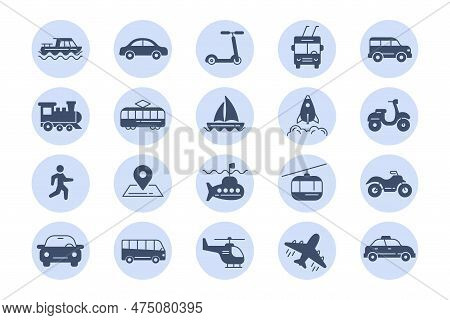 Public Transport Icon. Car Travel. Train And Bus. Silhouette Symbols. Walk Or Bike. Ferry Ship Or Ai