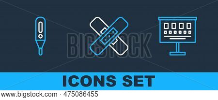 Set Line Eye Test Chart, Medical Digital Thermometer And Crossed Bandage Plaster Icon. Vector