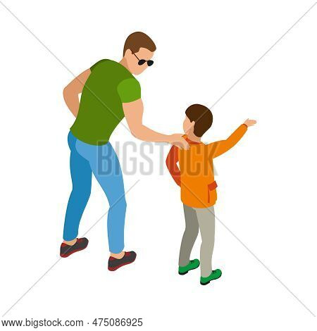 Little Boy Showing Something To His Dad During Walk Isometric Vector Illustration