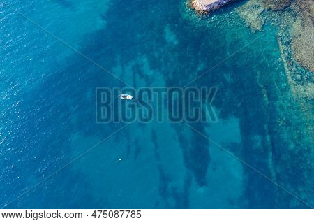 Top View Of Jacht In Turquoise Water In Gran Tarajal, Canary Islands, Fuerteventura, Spain. Aerial D