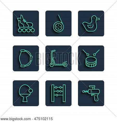 Set Line Racket And Ball, Abacus, Ray Gun, Rubber Duck, Scooter, Bow Toy, Roller Skate And Drum With
