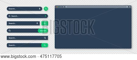 Blank Internet Browser Window With Various Search Bar Templates, Dark Mode. Web Site Engine With Sea