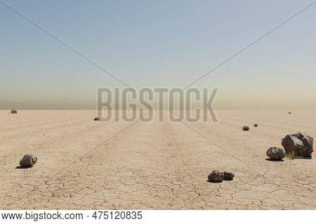 Desert Environment With Sand Dunes, Hills And Rocks Laying Arround; Climate Change Heat Concept; 3d 