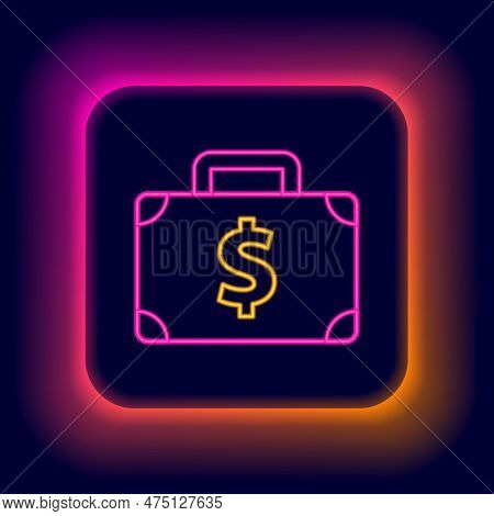 Glowing Neon Line Briefcase And Money Icon Isolated On Black Background. Business Case Sign. Busines