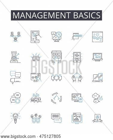 Management Basics Line Icons Collection. Financial Literacy, Marketing Strategies, Advertising Techn
