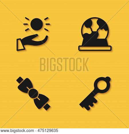 Set Ball Levitating Above Hand, Old Magic Key, Bow Tie And Magic Ball Icon With Long Shadow. Vector