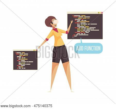 Excited Female Programmer Using Vr Headset And Two Program Windows On White Background Flat Vector I