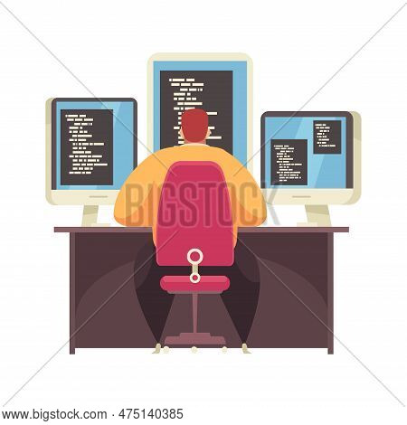Male Programmer Working At Desk With Three Computer Monitors Back View Flat Vector Illustration