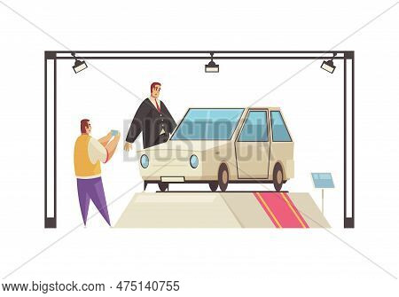 Expo Stand Trade Show Exhibition Composition With View Of Car Standing On Podium With Human Characte