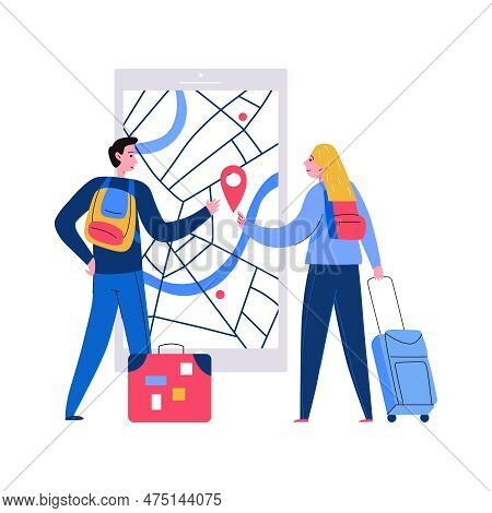Tourism Travel Booking Ticket Composition With Human Characters Of Tourists Looking At Map Checking 