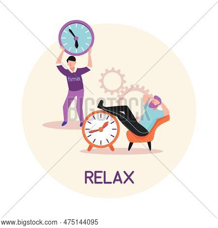Time Management Flat Composition With Text And Human Characters Holding Alarm Clocks Vector Illustra