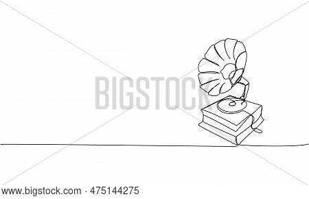 Gramophone One Line Art. Continuous Line Drawing Of Listen, Instrument, Volume, Music, Record, Retro