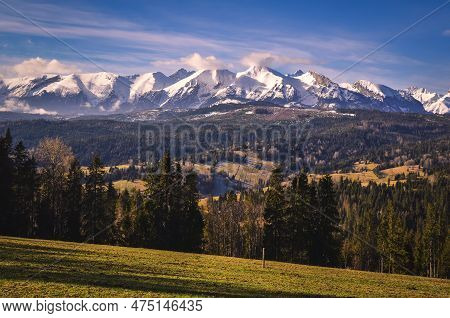 Charming Panorama Of The Polish Tatra Mountains In The Morning. View Of The High Tatras From The Vil