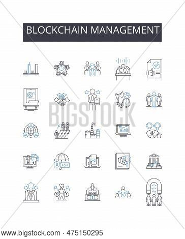 Blockchain Management Line Icons Collection. Cryptocurrency Investment, Cybersecurity Protection, Da