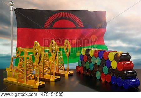 The Malawi's Petroleum Market. Oil Pump Made Of Gold And Barrels Of Metal. The Concept Of Oil Produc