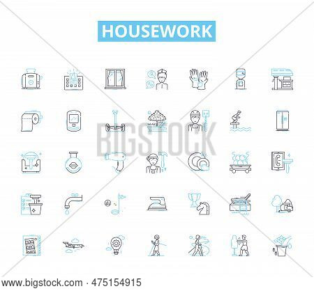 Housework Linear Icons Set. Cleaning, Laundry, Cooking, Dishes, Mopping, Sweeping, Dusting Line Vect