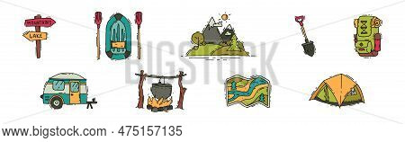 Camping And Expedition With Van, Map, Tent, Shovel, Boat And Backpack Vector Set