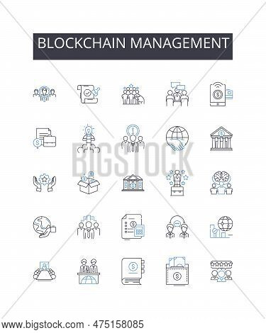 Blockchain Management Line Icons Collection. Cryptocurrency Investment, Cybersecurity Protection, Da