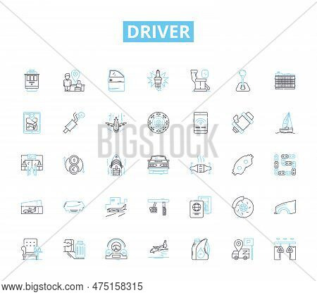 Driver Linear Icons Set. Pedal, Steering, License, Gearbox, Vehicle, Accelerate, Brake Line Vector A