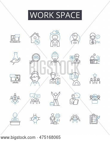 Work Space Line Icons Collection. Living Room, Dining Table, Kitchen Counter, Bedroom Loft, Study No