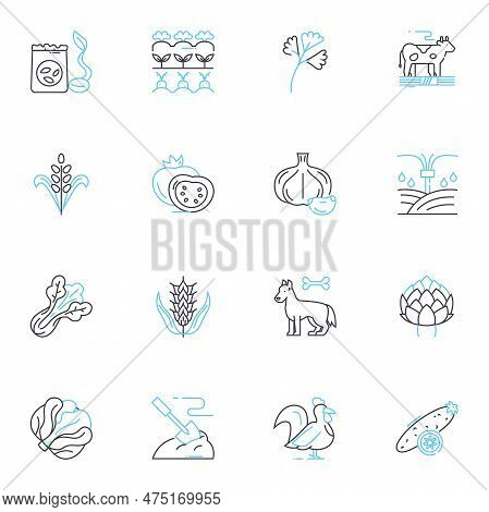 Farm Management Software Linear Icons Set. Agribusiness, Crops, Livestock, Agriculture, Yields, Harv