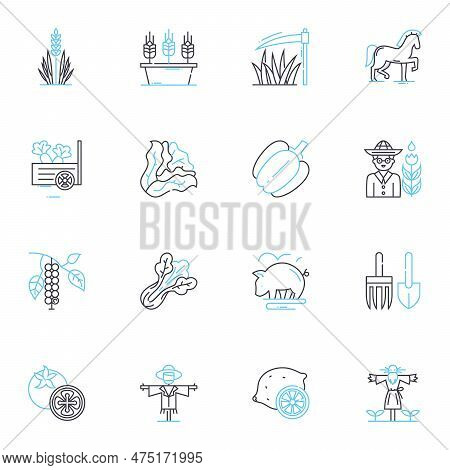 Pasture Linear Icons Set. Grazing, Livestock, Green, Fertile, Meadow, Hay, Grass Line Vector And Con