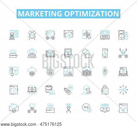 Marketing Optimization Linear Icons Set. Analytics, Strategy, Conversion, Automation, Personalizatio