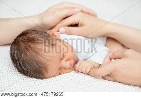 Parent Hand Protect Baby Holding Mother Finger. Child Protection. Newborn Health Care. Children Supp