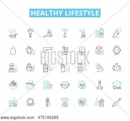 Healthy Lifestyle Linear Icons Set. Nourishment, Fitness, Wellness, Balance, Nutrition, Exercise, Hy