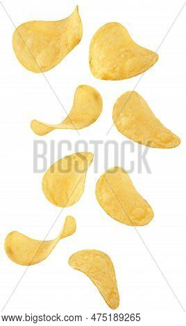 Isolated Chips. Falling Potato Chips  Isolated On White Background With Clipping Path