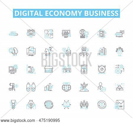 Digital Economy Business Linear Icons Set. Innovation, E-commerce, Startup, Cryptocurrency, Blockcha