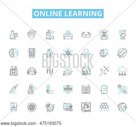Online Learning Linear Icons Set. E-learning, Distance Learning, Cyberlearning, Virtual Learning, We