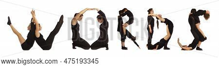 Black Dressed People Forming Words Word Over White
