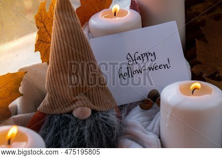 Happy Holloween Text Greeting Card Concept Celebrating Halloween Autumn Holidays At Cozy Home On The