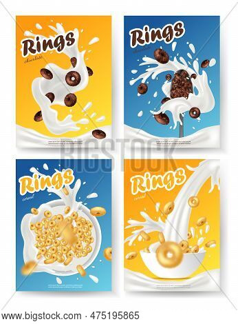 Breakfast Cereal Realistic Poster Set With Rings Isolated. Concept Of Healthy Breakfast. 3d Ring Cer