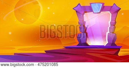 Cartoon Vector Illustration Of Magic Portal In Stone Frame With Purple Plasma Light. Glowing Plasmic